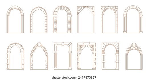 Art-Deco-Bogenfenster und Türrahmen, Eingangstüren und Tor, Vektorgrafik architektonische Linienzeichnung. Antike klassische Architektur Bogentüren mit Bögen von mittelalterlichen Tempel-, Palast- oder Moscheetüren