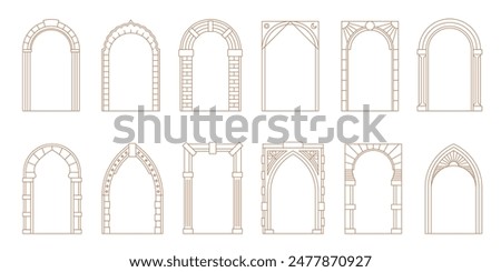 Art deco arch window and door frames, entrance doorways and gateway, vector architectural line drawing. Ancient classic architecture arch doors with arcs of Medieval temple, palace or mosque doorways