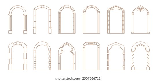 Ventanas de arco art déco, marcos de puertas con adornos de línea de Vector y bordes de Formas boho. Arquitectura de Antiguas y Elementos interiores, marcos de arco de estilo art déco con columnas y ladrillo decorativo