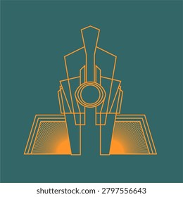 Art Deco architecture vector illustration, featuring a majestic skyscraper inspired by ancient Maya buildings. Elegant geometric emblem and high-rise structure symbol reflecting the roaring 20s aesthetic and classic 1920-1929 or 1930-1939 retro style. Sophisticated linear blueprint draft with a stylized tower icon and luxury monogram crest. Premium construction schema with unique step pyramid ornaments, perfect for chic corporate branding, real estate logos, and posters in teal and golden colors.