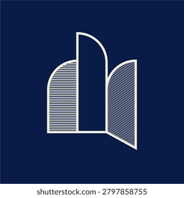 Art Deco architecture vector illustration, featuring a stylized insignia emblem of a closed and open window. Vintage building detail inspired by the roaring 20s aesthetic and classic 1920-1929 or 1930-1939 retro style. Sophisticated linear draft showcasing geometric frame shapes, sharp symmetrical shutters, and an abstract property icon. Clean majestic artwork, perfect for chic estate branding, luxury construction logos, and upscale apartment designs in royal blue and silver colors.