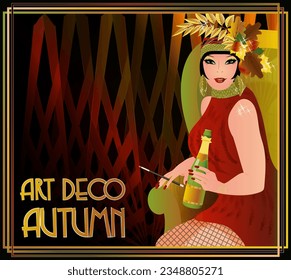 Art deco autumn woman with wine, vip card, vector illustration