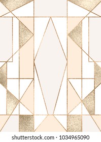 Art deco background with gold glitter geometric shapes, triangles, rectangles, lines, squares. 