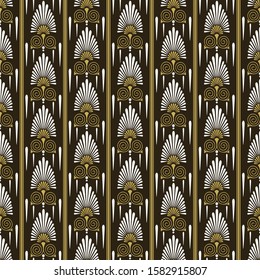 Art deco. Background image. Wallpaper texture. Colors: white, gold, black. Seamless pattern. Vector illustration.