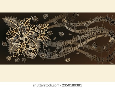 Art deco banner with autumn leaves and music notes, vector illustration