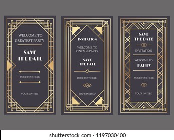 Art deco art banner. Fancy party event invitation, glamour golden retro vogue pattern and gold frames. Vintage decorative classic antique wedding luxury frame vector banners illustration set