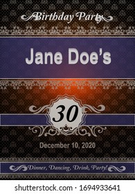 Art Deco Birthday Invitation Design Template on pattern background. Include RSVP card, Save the date card, thank you tags. Classic Premium Vintage Style Frame Vector EPS 10 design.