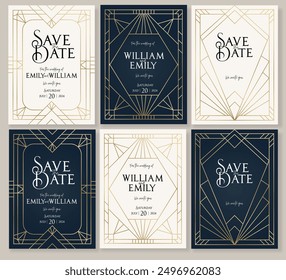 Art Deco Schwarz und Gold Einladung Hochzeit Luxus VIP Einladung Karte Design, Speichern Sie das Datum Karte, Retro-Muster für Vintage-Party Gatsby Stil Einladung Vielen Dank Karte klassische antike Vektorgrafik