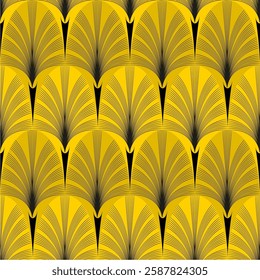 Art Deco black seamless pattern on yellow background. Geometric decorative texture with plant elements, vector illustration