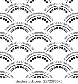 Art Deco black white arches seamless pattern. Monochrome wavy ornament. Scales ethnic design. Mosaic tiles background. Semicircular and dots elements