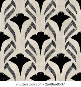 Art Deco black and white fabric shaped motifs, grunge lines ikat pattern, ikat seamless pattern, Vector illustration background for print the paper.