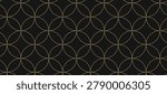 Art deco or boho pattern with repeated overlapped golden circles and bling shapes on black background. Luxury geometric print. Elegant minimalistic wallpaper. Golden ornament. Vector illustration.
