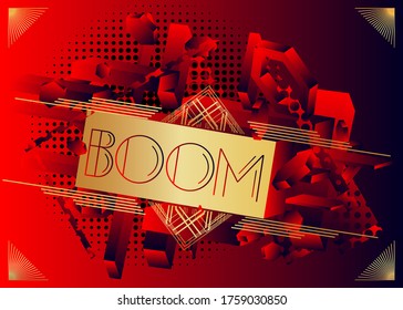 Texto de palabra de expresión Art Deco Boom. Tarjeta de saludo decorativa, signo con letras antiguas.
