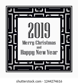 Art deco border and frame. Merry Christmas and Happy New Year greeting card. 2019 year. Creative template in style of 1920s for your design. Vector illustration. EPS 10