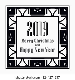 Art deco border and frame. Merry Christmas and Happy New Year greeting card. 2019 year. Creative template in style of 1920s for your design. Vector illustration. EPS 10