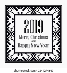 Art deco border and frame. Merry Christmas and Happy New Year greeting card. 2019 year. Creative template in style of 1920s for your design. Vector illustration. EPS 10