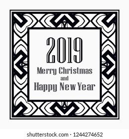 Art deco border and frame. Merry Christmas and Happy New Year greeting card. 2019 year. Creative template in style of 1920s for your design. Vector illustration. EPS 10