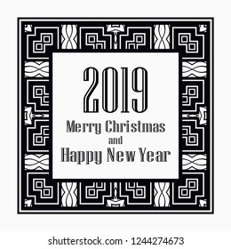 Art deco border and frame. Merry Christmas and Happy New Year greeting card. 2019 year. Creative template in style of 1920s for your design. Vector illustration. EPS 10