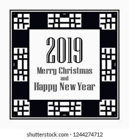 Art deco border and frame. Merry Christmas and Happy New Year greeting card. 2019 year. Creative template in style of 1920s for your design. Vector illustration. EPS 10