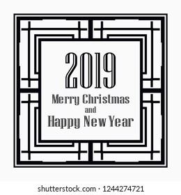 Art deco border and frame. Merry Christmas and Happy New Year greeting card. 2019 year. Creative template in style of 1920s for your design. Vector illustration. EPS 10