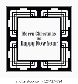 Art deco border and frame. Merry Christmas and Happy New Year greeting card. 2019 year. Creative template in style of 1920s for your design. Vector illustration. EPS 10