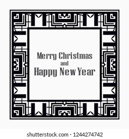 Art deco border and frame. Merry Christmas and Happy New Year greeting card. 2019 year. Creative template in style of 1920s for your design. Vector illustration. EPS 10