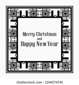Art deco border and frame. Merry Christmas and Happy New Year greeting card. 2019 year. Creative template in style of 1920s for your design. Vector illustration. EPS 10