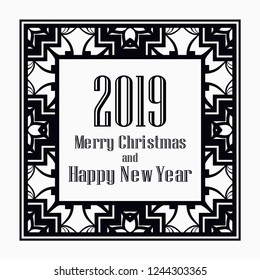 Art deco border and frame. Merry Christmas and Happy New Year greeting card. 2019 year. Creative template in style of 1920s for your design. Vector illustration. EPS 10