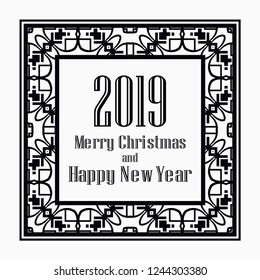 Art deco border and frame. Merry Christmas and Happy New Year greeting card. 2019 year. Creative template in style of 1920s for your design. Vector illustration. EPS 10