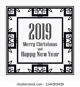 Art deco border and frame. Merry Christmas and Happy New Year greeting card. 2019 year. Creative template in style of 1920s for your design. Vector illustration. EPS 10