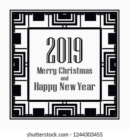 Art deco border and frame. Merry Christmas and Happy New Year greeting card. 2019 year. Creative template in style of 1920s for your design. Vector illustration. EPS 10