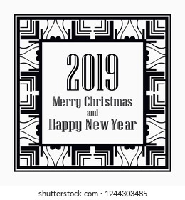 Art deco border and frame. Merry Christmas and Happy New Year greeting card. 2019 year. Creative template in style of 1920s for your design. Vector illustration. EPS 10