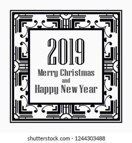 Art deco border and frame. Merry Christmas and Happy New Year greeting card. 2019 year. Creative template in style of 1920s for your design. Vector illustration. EPS 10
