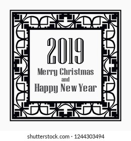 Art deco border and frame. Merry Christmas and Happy New Year greeting card. 2019 year. Creative template in style of 1920s for your design. Vector illustration. EPS 10