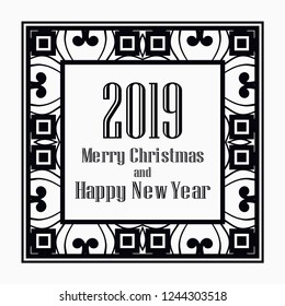 Art deco border and frame. Merry Christmas and Happy New Year greeting card. 2019 year. Creative template in style of 1920s for your design. Vector illustration. EPS 10