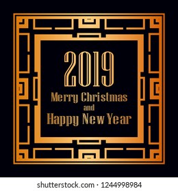 Art deco border and frame. Merry Christmas and Happy New Year greeting card. 2019 year. Creative template in style of 1920s for your design. Vector illustration. EPS 10