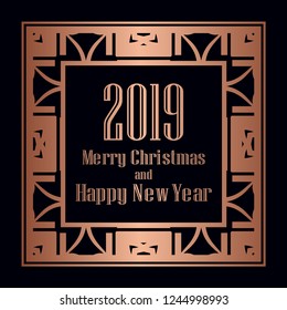 Art deco border and frame. Merry Christmas and Happy New Year greeting card. 2019 year. Creative template in style of 1920s for your design. Vector illustration. EPS 10