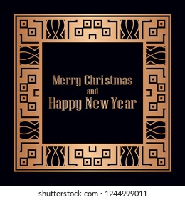 Art deco border and frame. Merry Christmas and Happy New Year greeting card. 2019 year. Creative template in style of 1920s for your design. Vector illustration. EPS 10