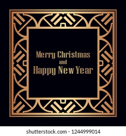 Art deco border and frame. Merry Christmas and Happy New Year greeting card. 2019 year. Creative template in style of 1920s for your design. Vector illustration. EPS 10