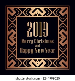 Art deco border and frame. Merry Christmas and Happy New Year greeting card. 2019 year. Creative template in style of 1920s for your design. Vector illustration. EPS 10