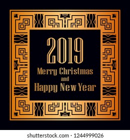 Art deco border and frame. Merry Christmas and Happy New Year greeting card. 2019 year. Creative template in style of 1920s for your design. Vector illustration. EPS 10