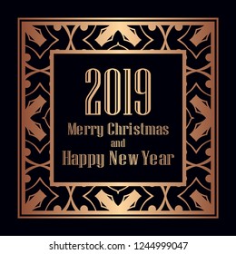 Art deco border and frame. Merry Christmas and Happy New Year greeting card. 2019 year. Creative template in style of 1920s for your design. Vector illustration. EPS 10
