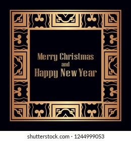 Art deco border and frame. Merry Christmas and Happy New Year greeting card. 2019 year. Creative template in style of 1920s for your design. Vector illustration. EPS 10