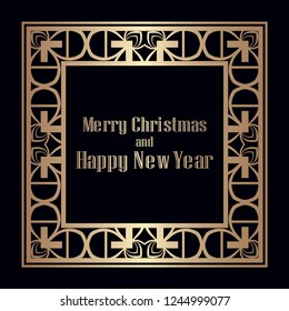 Art deco border and frame. Merry Christmas and Happy New Year greeting card. 2019 year. Creative template in style of 1920s for your design. Vector illustration. EPS 10