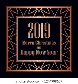 Art deco border and frame. Merry Christmas and Happy New Year greeting card. 2019 year. Creative template in style of 1920s for your design. Vector illustration. EPS 10
