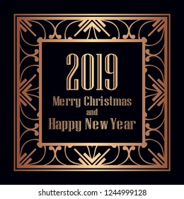 Art deco border and frame. Merry Christmas and Happy New Year greeting card. 2019 year. Creative template in style of 1920s for your design. Vector illustration. EPS 10