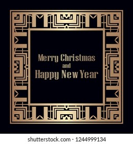 Art deco border and frame. Merry Christmas and Happy New Year greeting card. 2019 year. Creative template in style of 1920s for your design. Vector illustration. EPS 10
