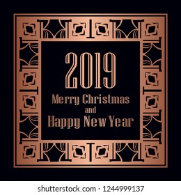 Art deco border and frame. Merry Christmas and Happy New Year greeting card. 2019 year. Creative template in style of 1920s for your design. Vector illustration. EPS 10