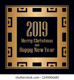 Art deco border and frame. Merry Christmas and Happy New Year greeting card. 2019 year. Creative template in style of 1920s for your design. Vector illustration. EPS 10