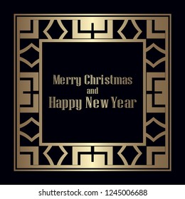 Art deco border and frame. Merry Christmas and Happy New Year greeting card. 2019 year. Creative template in style of 1920s for your design. Vector illustration. EPS 10